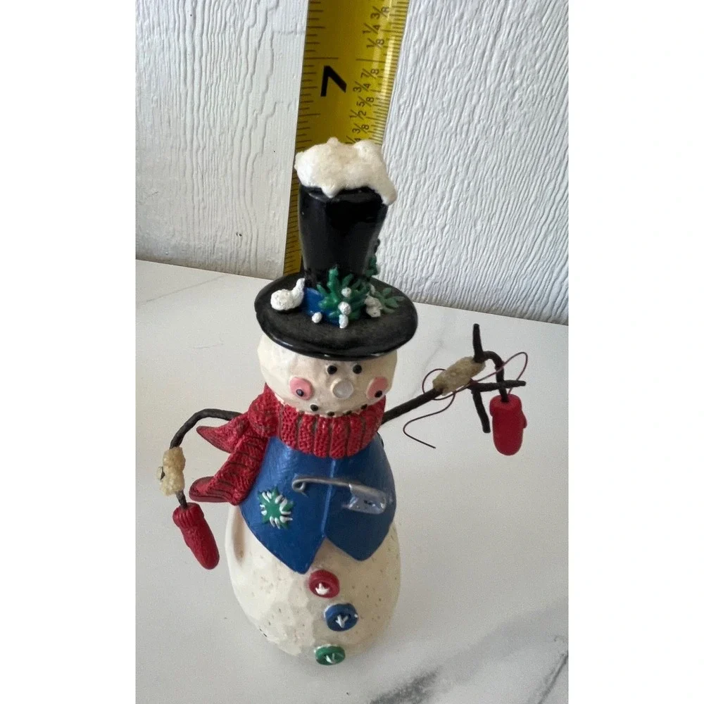 Uncle Artie Handmade Snowman Figurine Black Top Hat Red Scarf Christmas Decor‎
